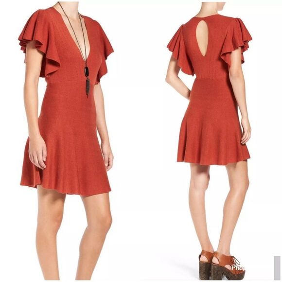 Free People Dresses & Skirts - NWT Free People Flutter Sleeve Flare Dress Rusty Red✨